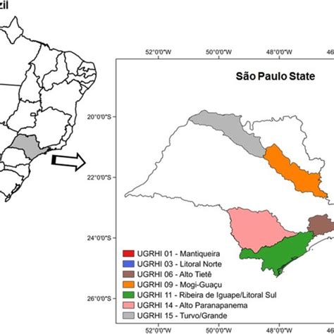 Map of Brazil with the São Paulo State in gray (left) and map of the ...