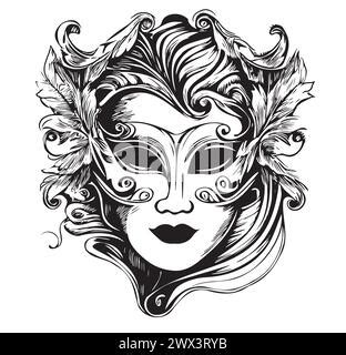 Black Carnival Mask Sketch In Vintage Style Vector Hand Drawn Engraved