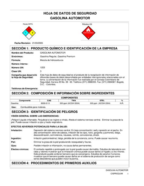 Hoja De Datos Seguridad Hoja De Datos De Seguridad Gasolina Automotor