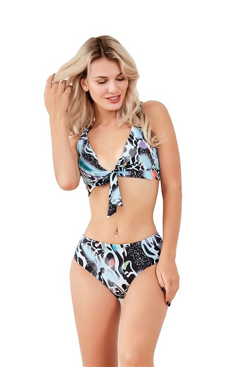 Liora Women Two Pieces Bathing Suit Tie Knot Front Tops With High Waisted Bottom Bikini Set