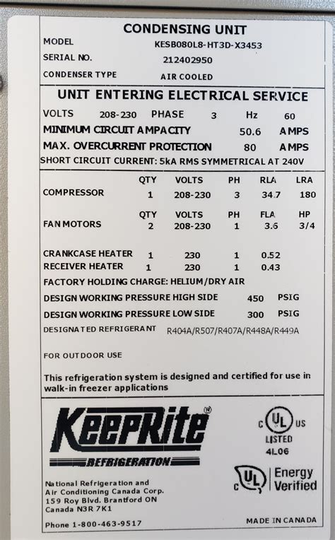 Keeprite Kesb080l8 Ht3d X3453 Air Cooled Remote Condensing Unit