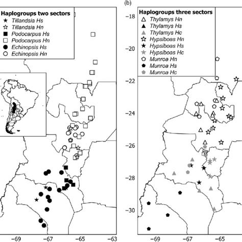 Distribution maps of haplogroups in (a) two and (b) three sectors. Hs ...