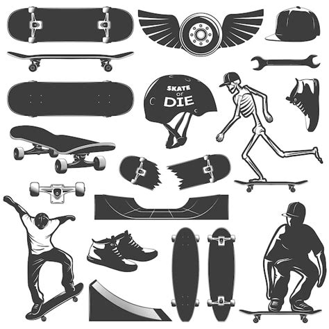 Free Vector Skateboarding Icon Set Equipment And Protection For Skater Boy Isolated And Black