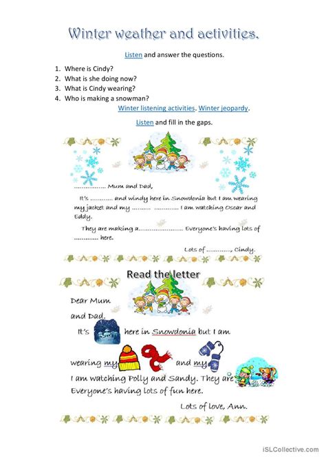 Winter Weather And Activities Gener English ESL Worksheets Pdf Doc