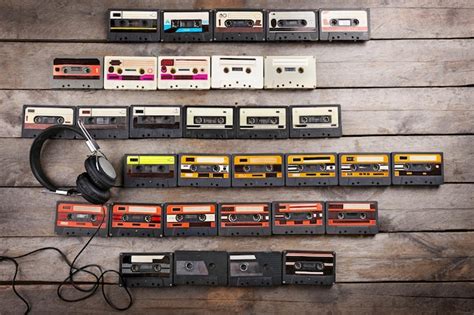 Premium Photo Collection Of Audio Cassettes With Headphones On Wooden Table Background