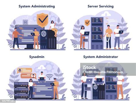 System Administrator Set People Working On Computer And Doing Stock Illustration Download