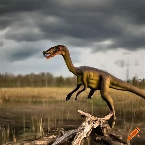 Baryonyx Dinosaur In A Marshland With Driftwood Looking At A Herd Of