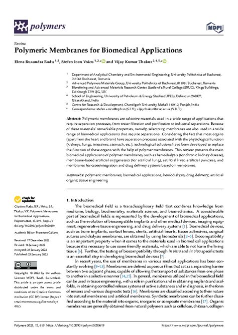 Polymeric Membranes For Biomedical Application Citation Radu E