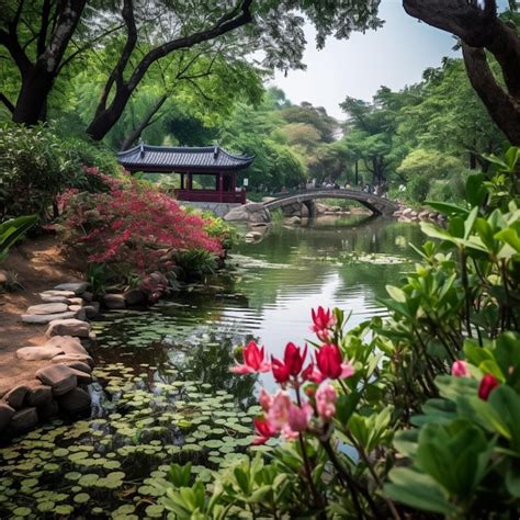 Premium AI Image | A small pond with a bridge and a bridge in the ...