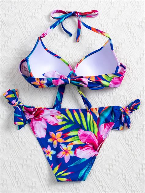 Shein Swim Ba Ador Bikini Con Cord N Lateral Con Estampado De Planta