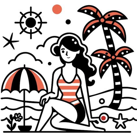 Mujer en bikini chica de verano en vacaciones traje de baño de playa vacaciones dibujado a mano