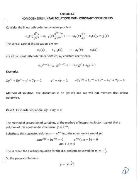 Section Homogeneous Linear Equations With Constant Coefficients