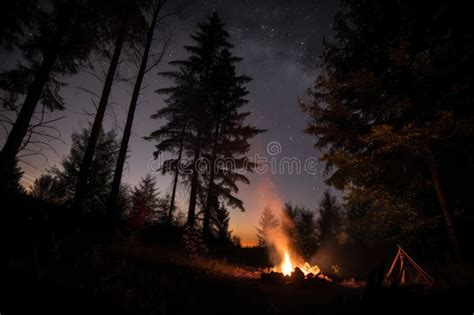 Campfire Surrounded By Silhouettes Of Towering Trees With Stars