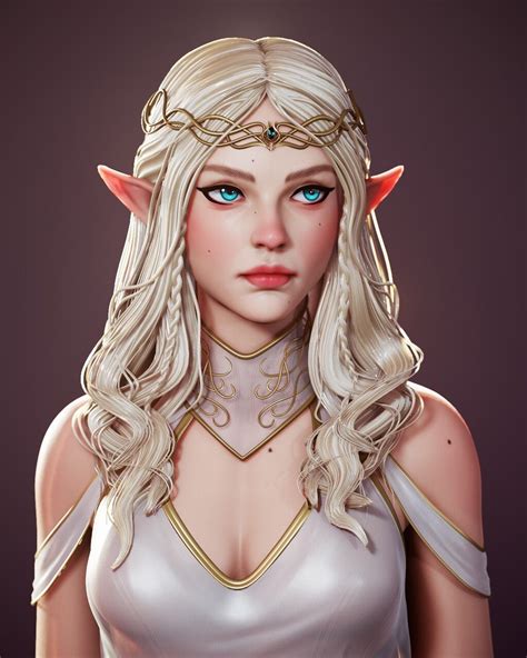 A Woman With Long Blonde Hair And Blue Eyes Wearing Elf Ears Is Looking