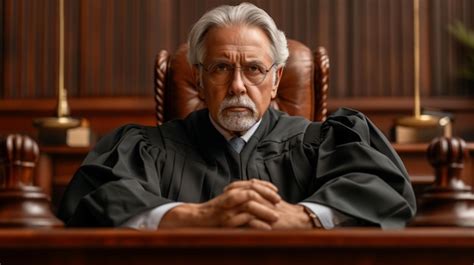 Premium Photo | A sternlooking judge in a black robe sitting in a court with gavel and scales of ...