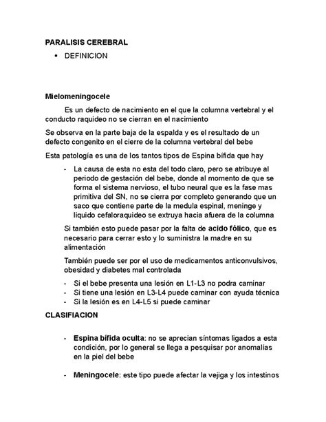 Neuro Lab Test PARALISIS CEREBRAL DEFINICION Mielomeningocele Es Un