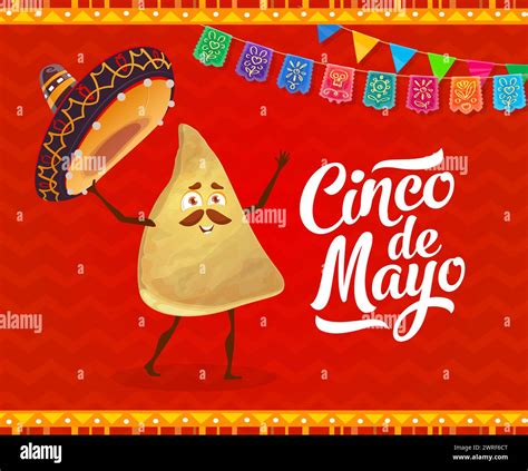 Cinco De Mayo Mexican Holiday Banner With Nachos Chip Character Vector