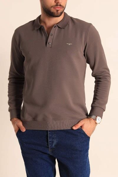 Kahverengi Regular Fit Polo Yaka Uzun Kollu Erkek Sweatshirt 219565