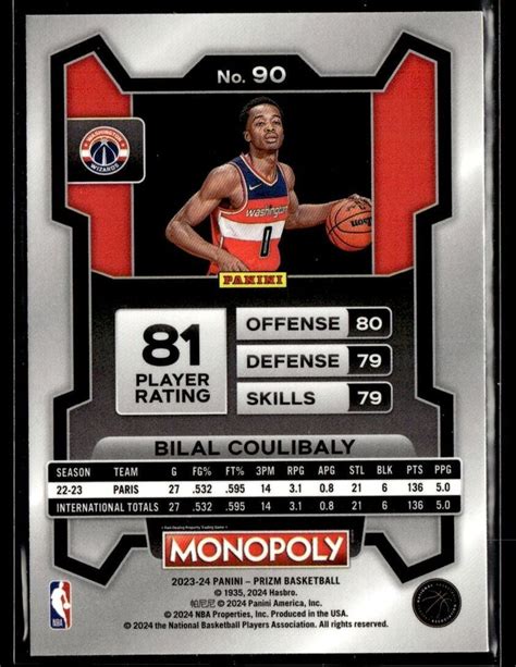 Panini Monopoly Prizm Bilal Coulibaly Rc Washington Wizards