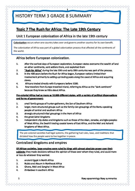 History Term 3 Grade 8 Summary • Teacha