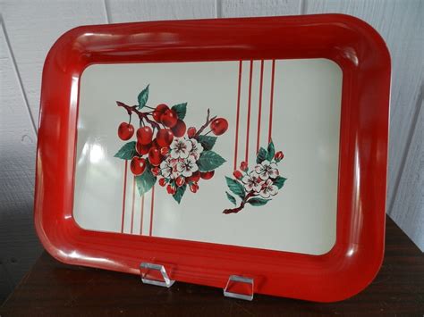 Vintage Red Cherry And Blossom Metal Tray Red Cream And Green Etsy