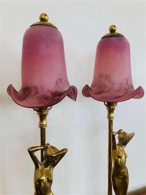 A Pair Of Vintage Solid Brass German Nude Lamps With Pate De Verre