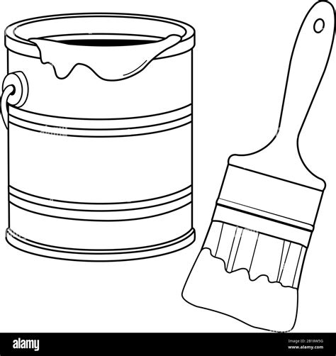 Paint Bucket And A Brush Vector Black And White Coloring Page Stock