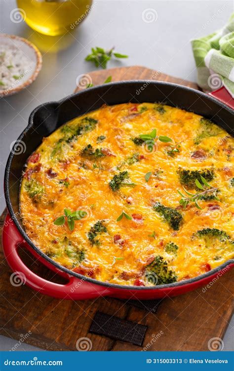 Healthy Frittata Or Quiche With Broccoli And Red Pepper Whole In A Cast