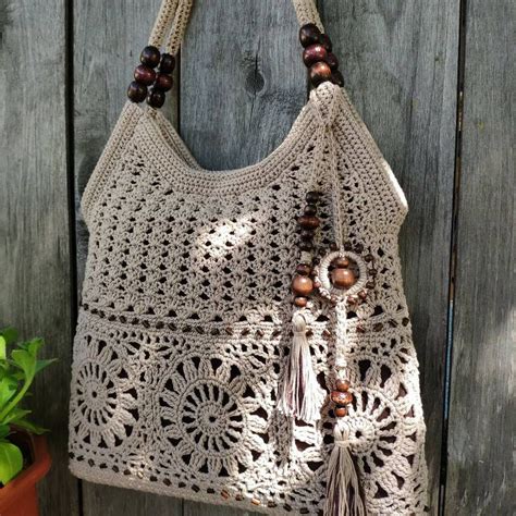 Beige Handmade Crochet Bag Summer Cotton Boho Style Crochet Purse