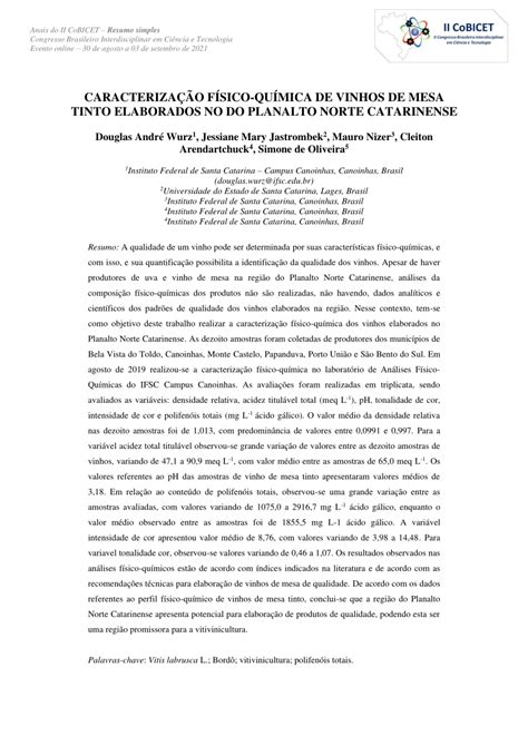 PDF CARACTERIZAÇÃO FÍSICO QUÍMICA DE VINHOS DE MESA TINTO ELABORADOS