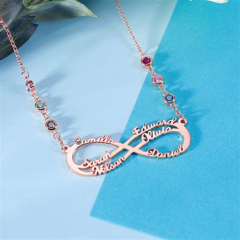 Customized 6 Names Infinity Birthstone Necklace In Rose Gold