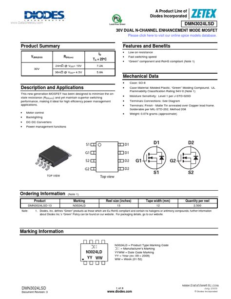 DMN3024LSD Diodes MOSFET Hoja de datos Ficha técnica Distribuidor