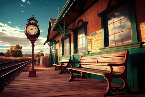 Old-fashioned Train Station, with Vintage Clock and Wooden Benches, in ...