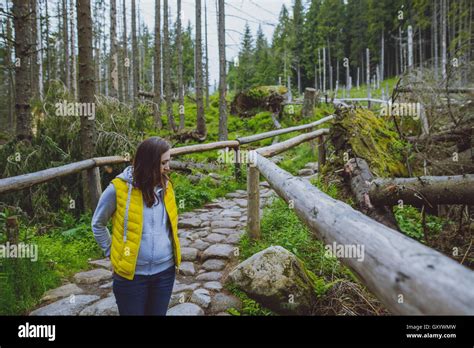 Brunette Woman Hiker Hiking On Trail In Summer Time Tatra Mountain In Poland Stock Photo Alamy