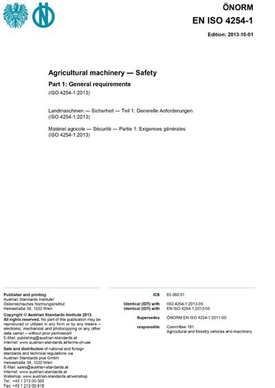 ONORM EN ISO 4254 1 2013 Agricultural Machinery Safety Part 1