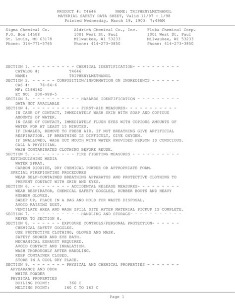 TRIPHENYLMETHANOL MATERIAL SAFETY DATA SHEET, Valid