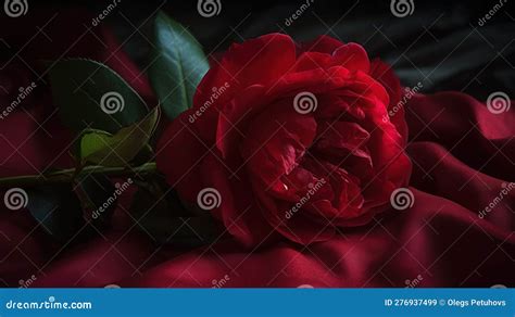 A Single Red Rose On A Dark Background With A Green Leafy Stem In The