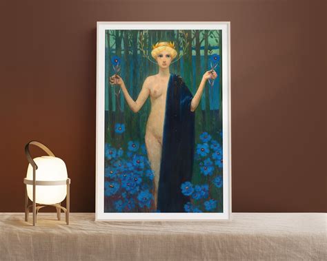 Vintage Nude Woman Holding Blue Flowers Fine Art Print Retro Moody Print Flower Wall Art 2