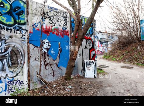 Friedrichshain district of Berlin with street art graffiti in a ...