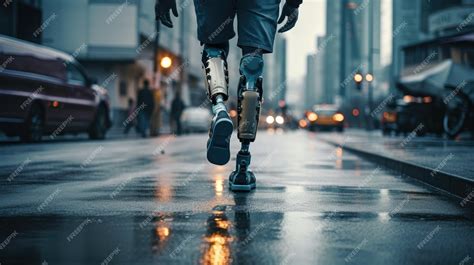 Premium AI Image | a man walking on the street with a prosthetic leg