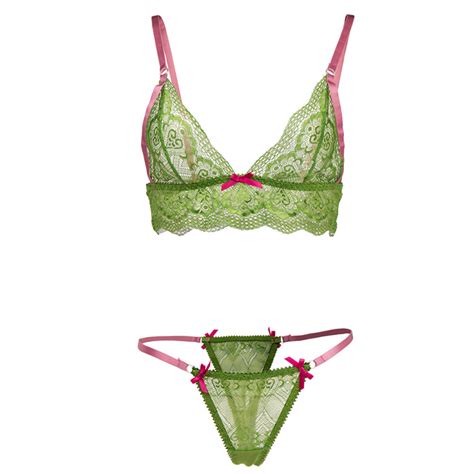 Sexy Green Floral Sheer Lace Bra Top And Panty Lingerie Set N