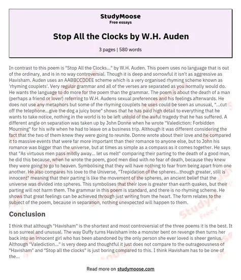 Stop All the Clocks by W.H. Auden Free Essay Example