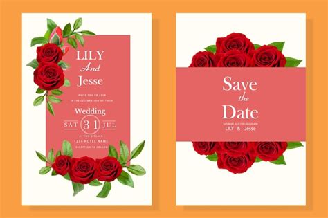 Invitación de boda con flores rojas Vector Premium