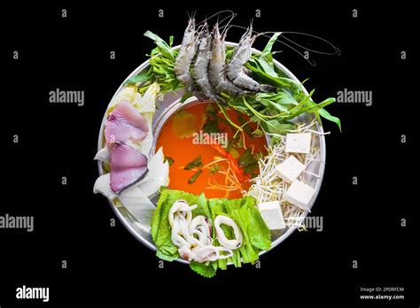 Korean Hot Pot With Raw Seafood On Black Background Stock Photo Alamy