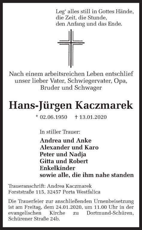 Traueranzeigen von Hans Jürgen Kaczmarek sich erinnern de