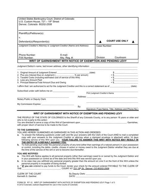 Writ Of Garnishment With Notice Of Exemption And Pending Levy