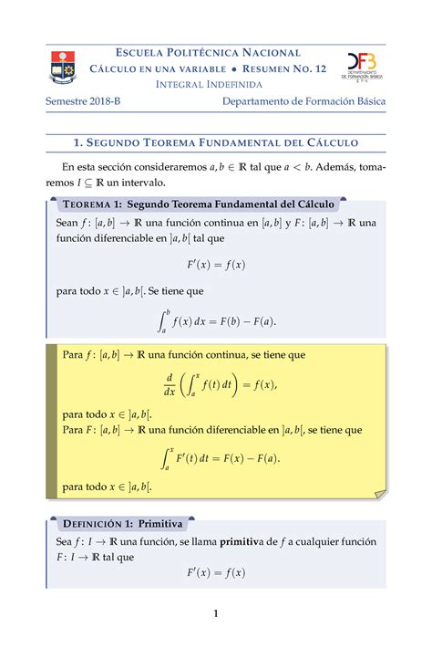 Resumen de Cálculo 12 E SCUELA P N ACIONAL C EN UNA VARIABLE R ESUMEN