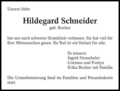 Traueranzeigen Von Hildegard Schneider Zeit Des Gedenkens De