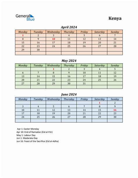 Q2 2024 Monday Start Quarterly Calendar With Kenya Holidays