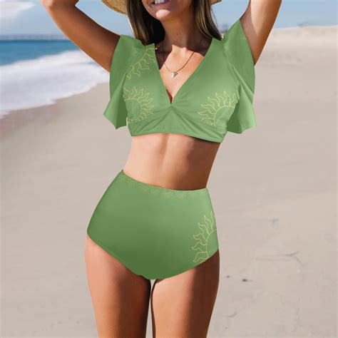 Sun Woman S Swimwear Two Piece Green Women S Ruffle Sleeve Bikini